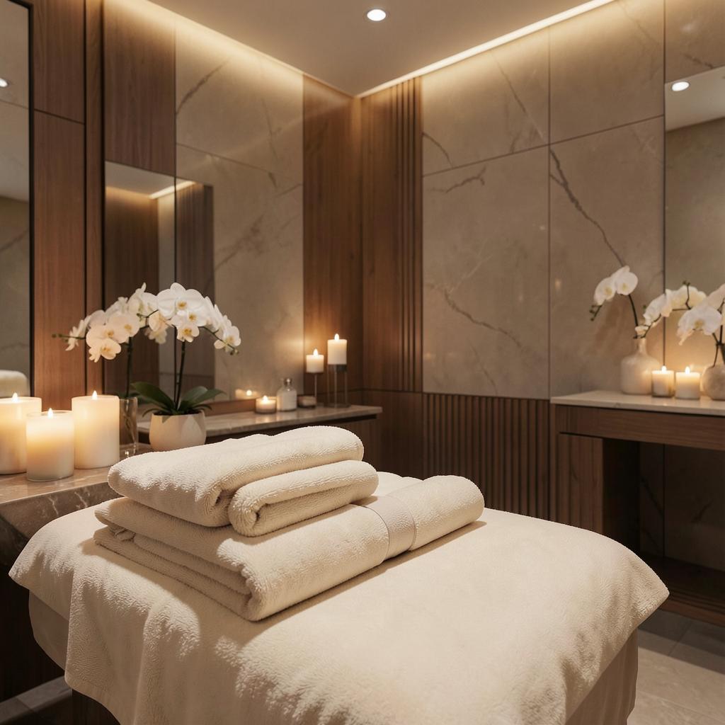Calm beauty treatment room with cream towels
