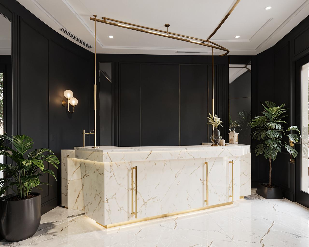 Reception area of Be-Stylish Unisex Salon with marble counter and gold detailing