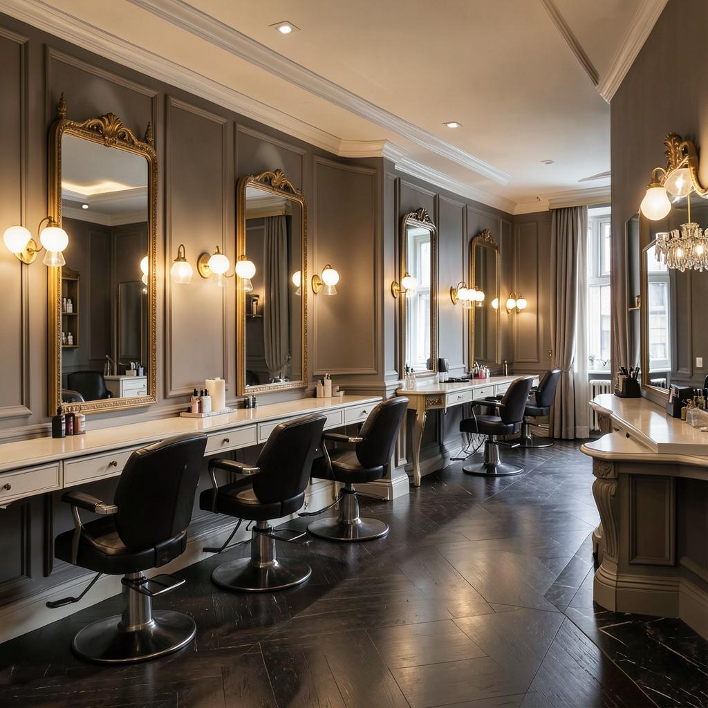 Salon styling stations with lit mirrors