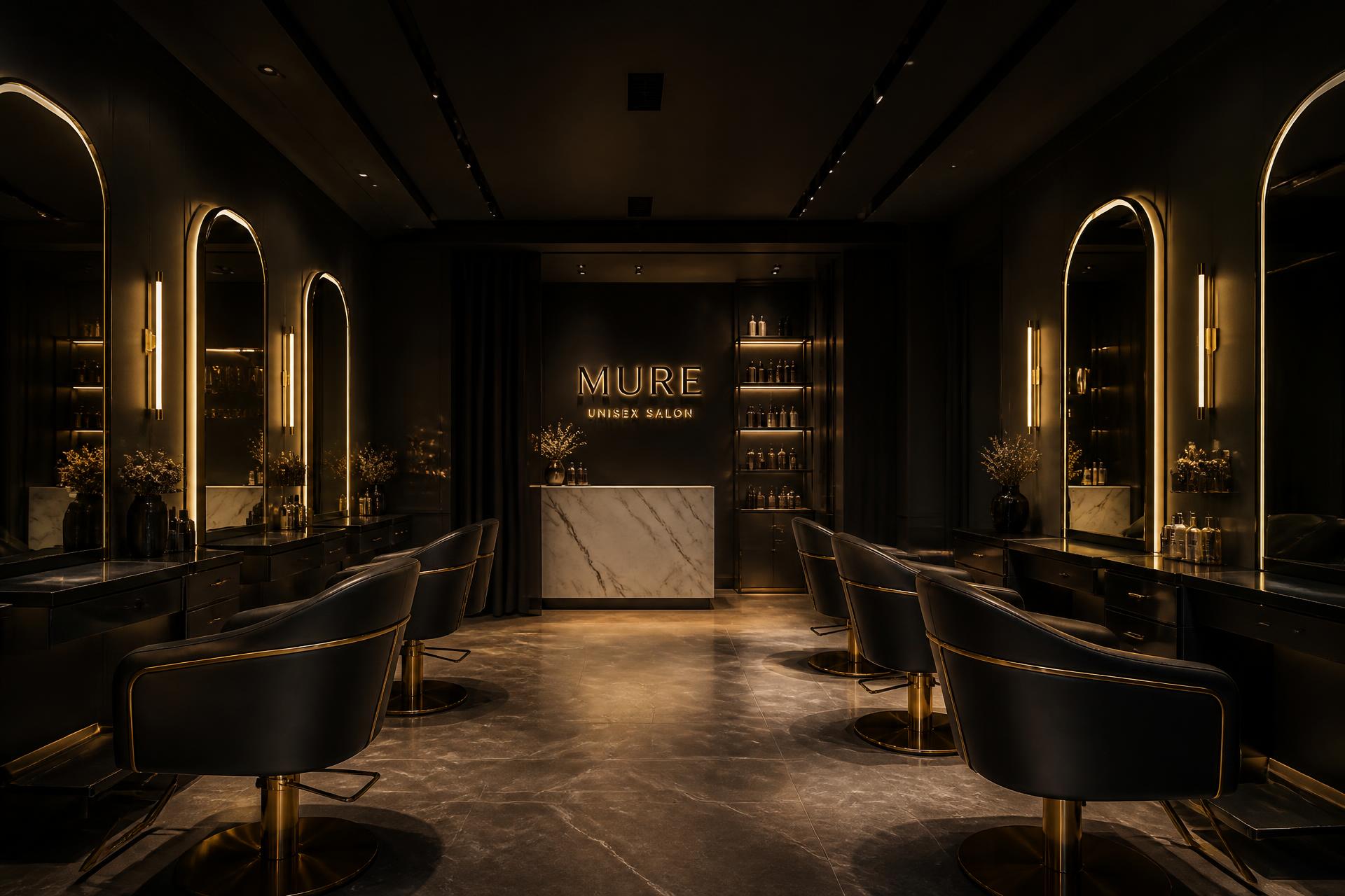Interior of a modern luxury unisex salon with gold lighting and styling chairs
